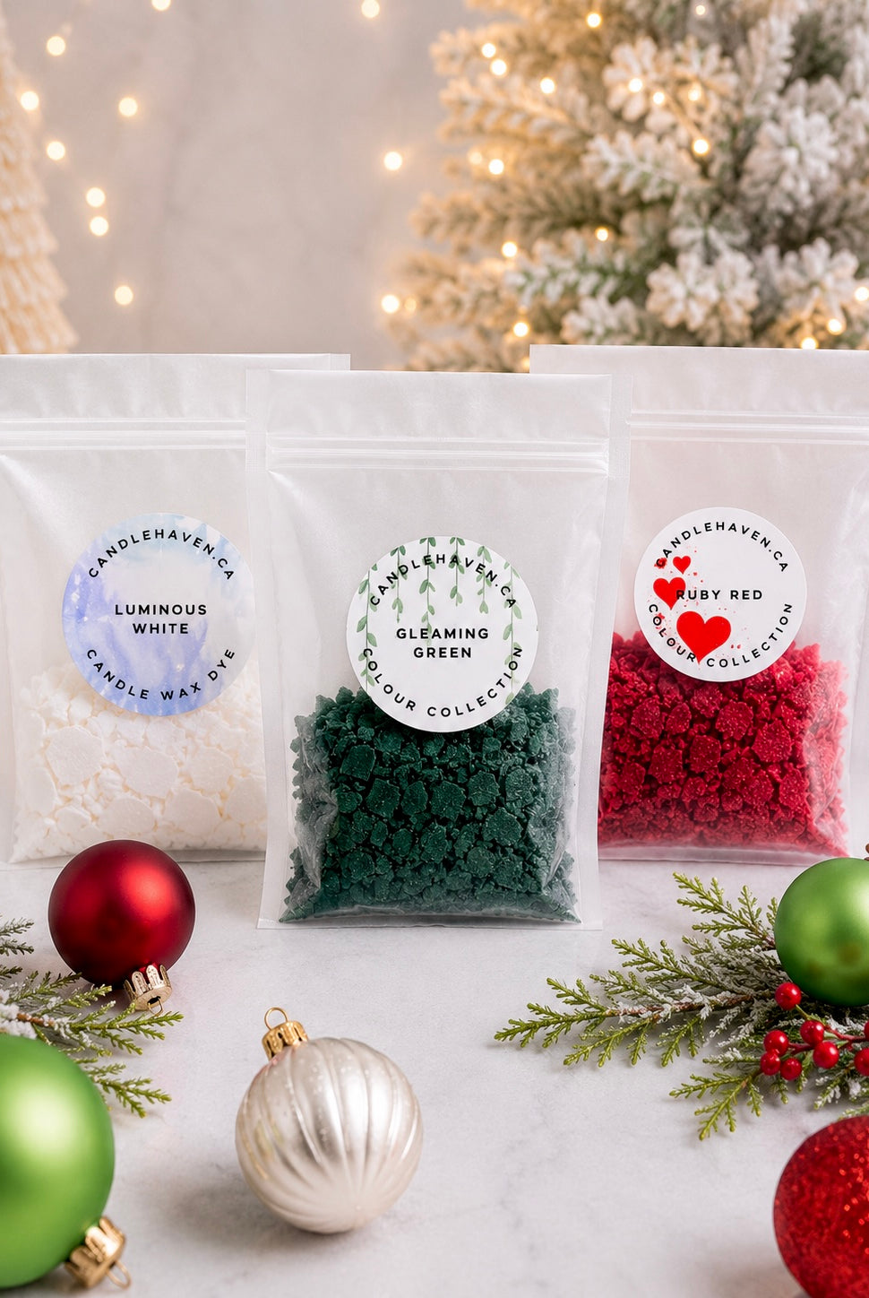 Wax dye chips in red, white and green to dye candles the Traditional Christmas colours