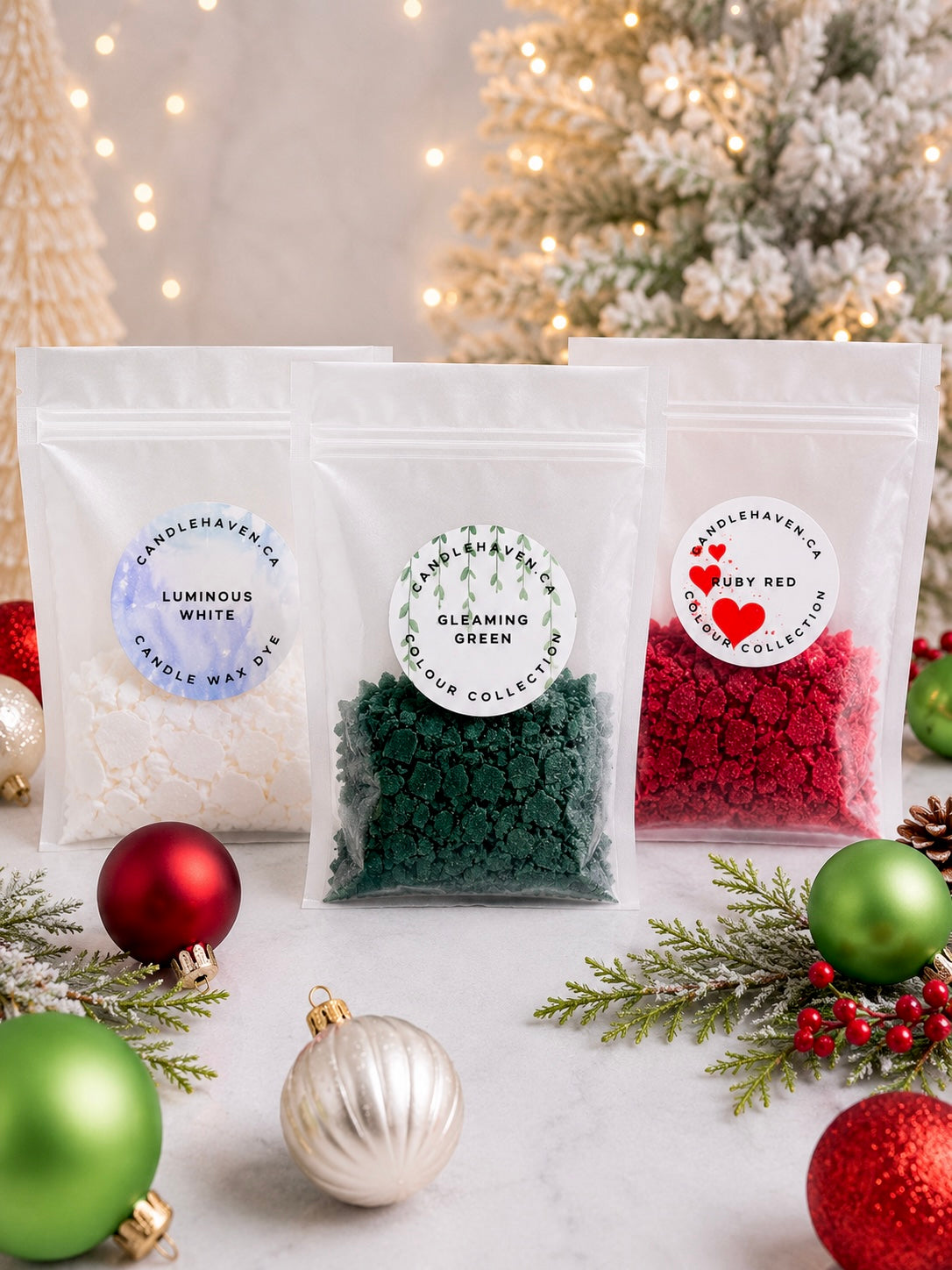 Wax dye chips in red, white and green to dye candles the Traditional Christmas colours