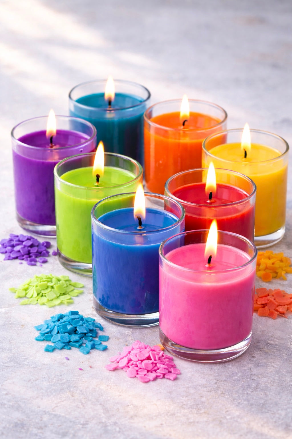 Colourful candles in glass containers and wax dye chips on a light background