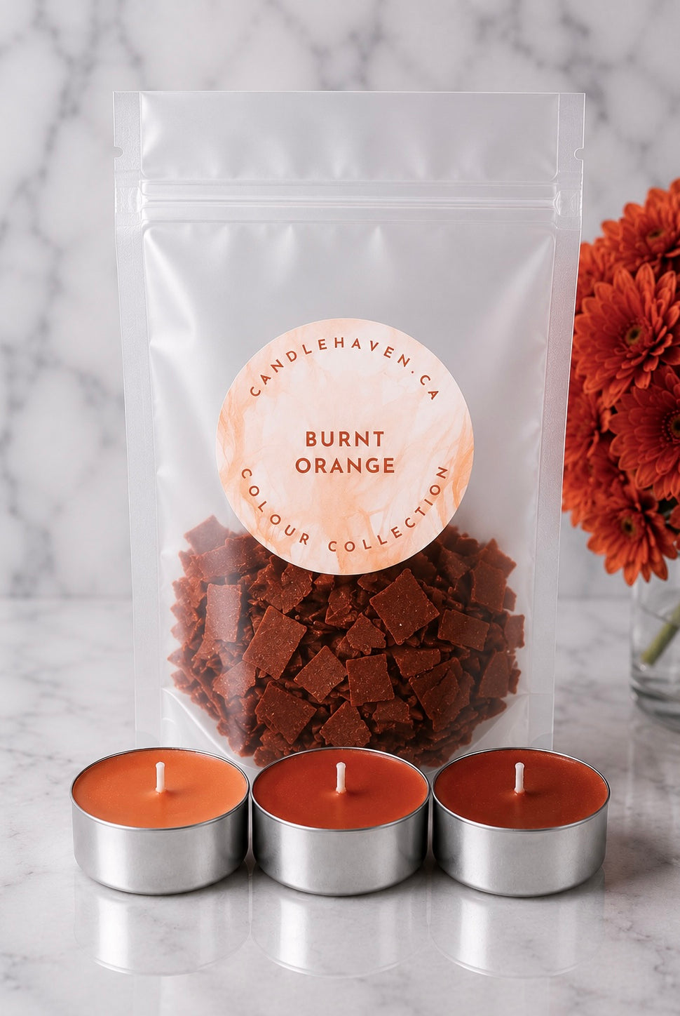 Burnt orange concentrated wax dye chips by Candlehaven.ca