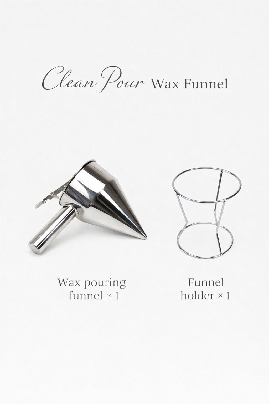 Wax pouring funnel and funnel holder on a white background