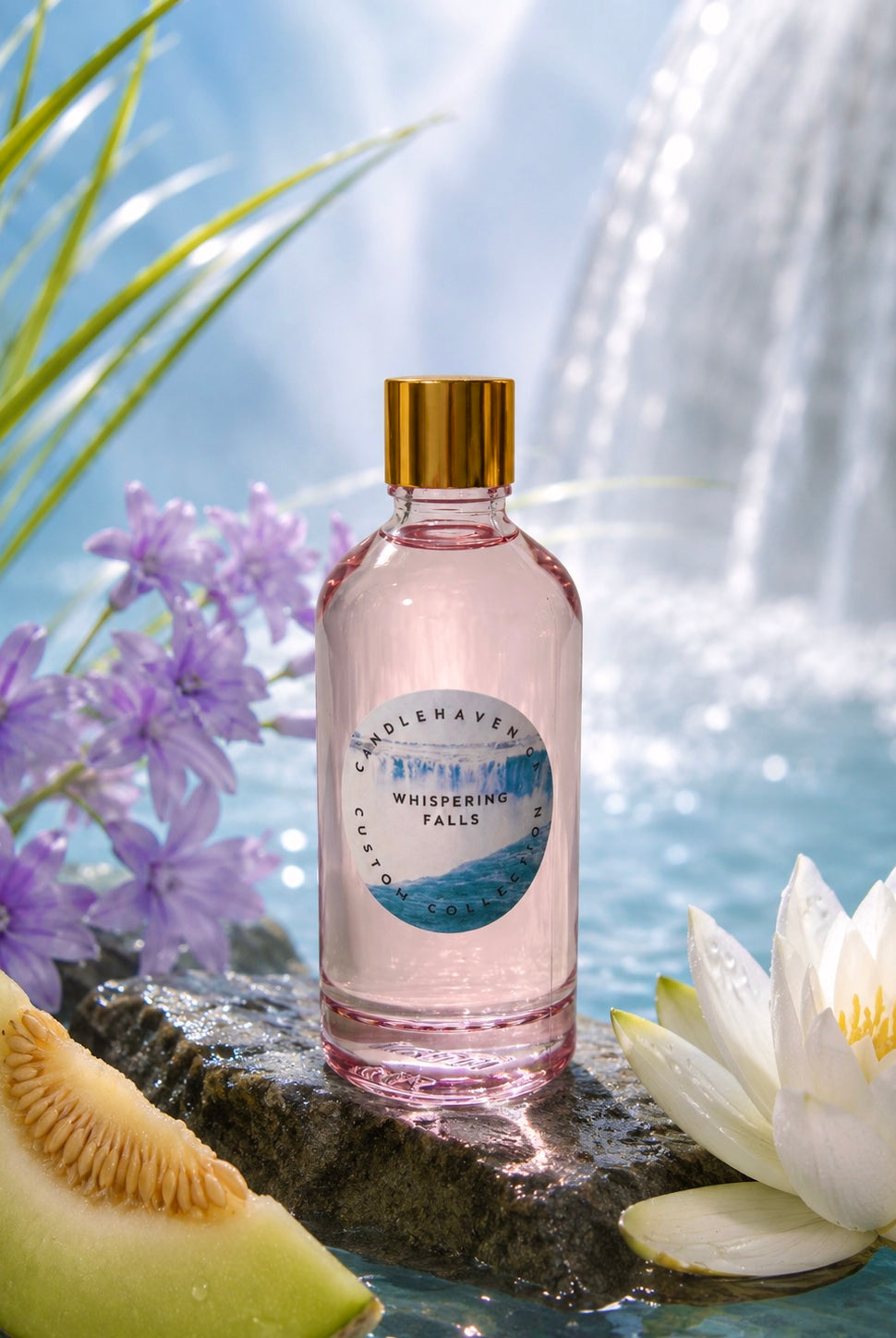 Bottle of 'Whispering Falls' fragrance oil by candlehaven with a waterlily and melon on a reflective surface.