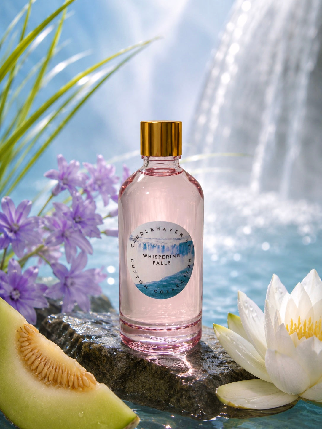Bottle of 'Whispering Falls' fragrance oil by candlehaven with a waterlily and melon on a reflective surface.