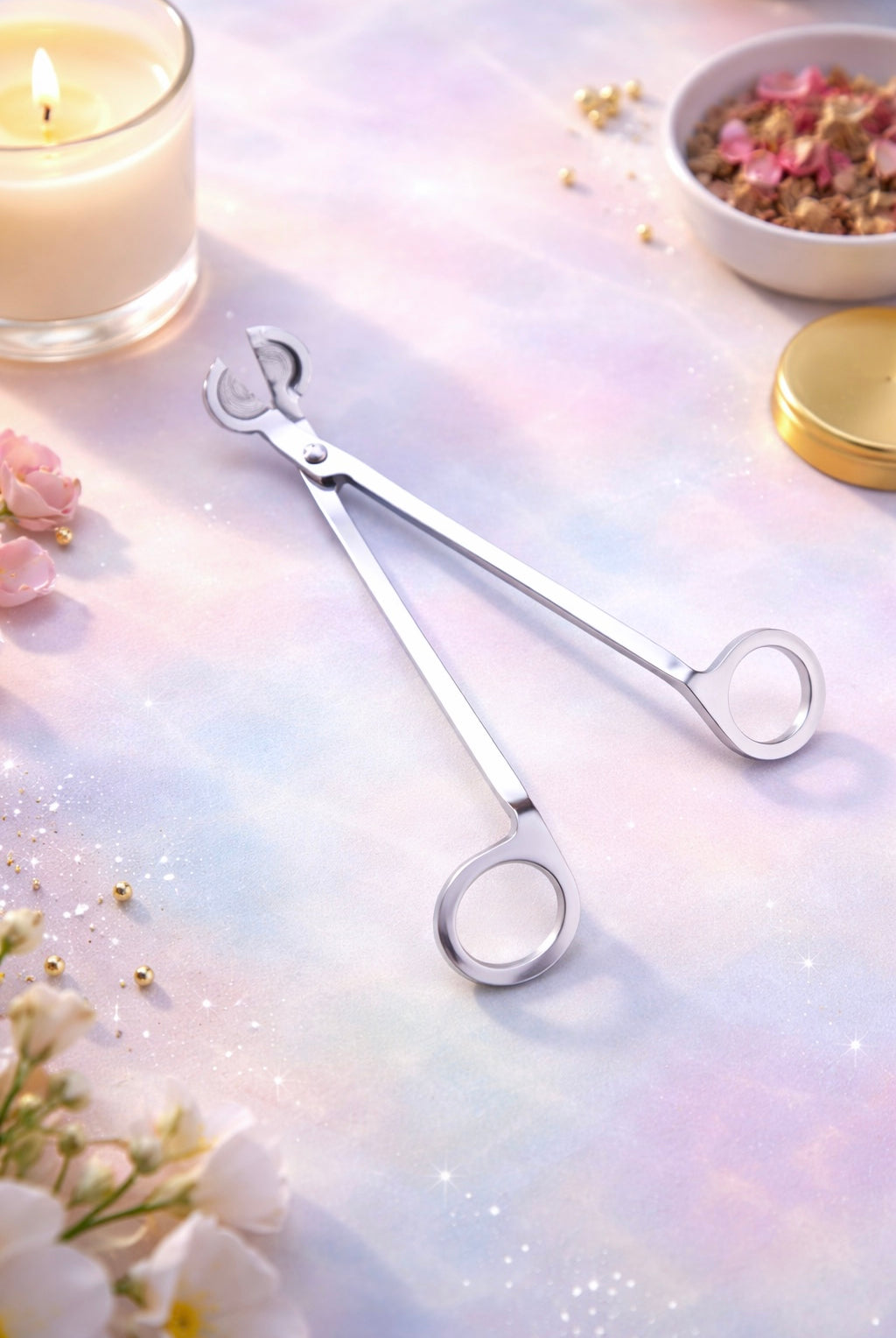 Pair of wick trimmers on a soft, multicolored surface with flowers and a candle in the background.