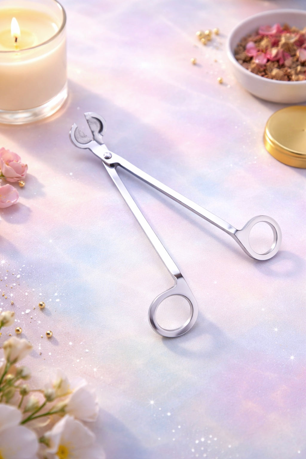 Pair of wick trimmers on a soft, multicolored surface with flowers and a candle in the background.