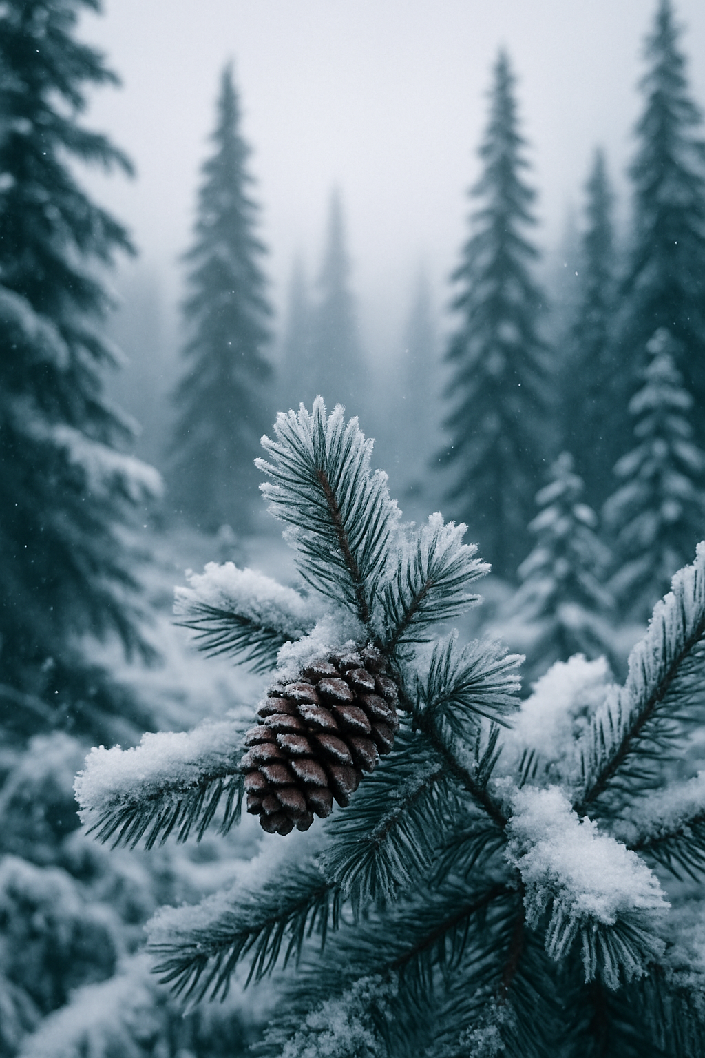 Snow-covered pine branch with a pine cone against a forest background