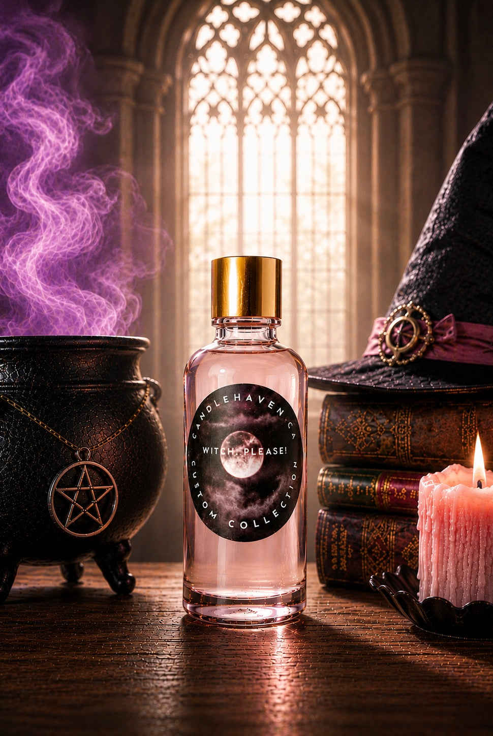 Bottle of 'Witch, Please' fragrance oil on a table with a cauldron, books, and candle.
