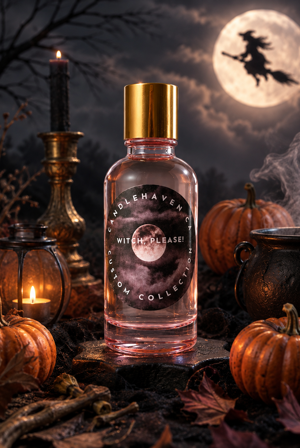 Halloween themed bottle of Candlehaven’s fragrance oil ‘Witch, Please’ with pumpkins, candles, and a full moon in the background