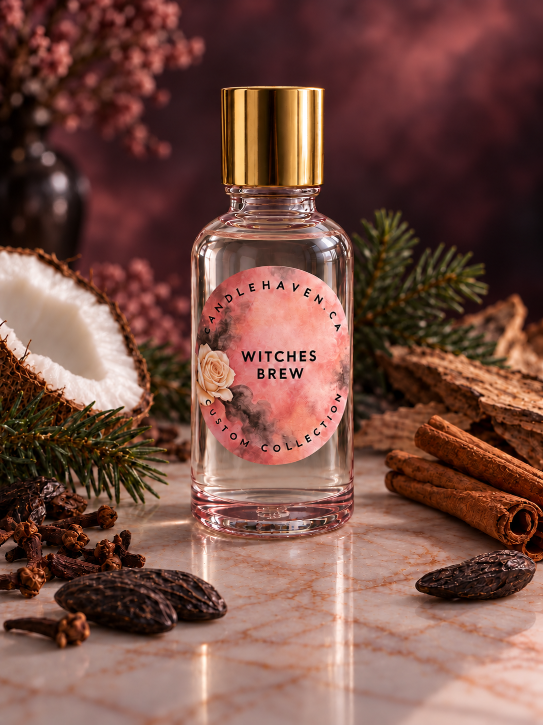 Witches Brew fragrance oil by Candlehaven on a marbled surface in a broody background depicting the notes of the fragrance.