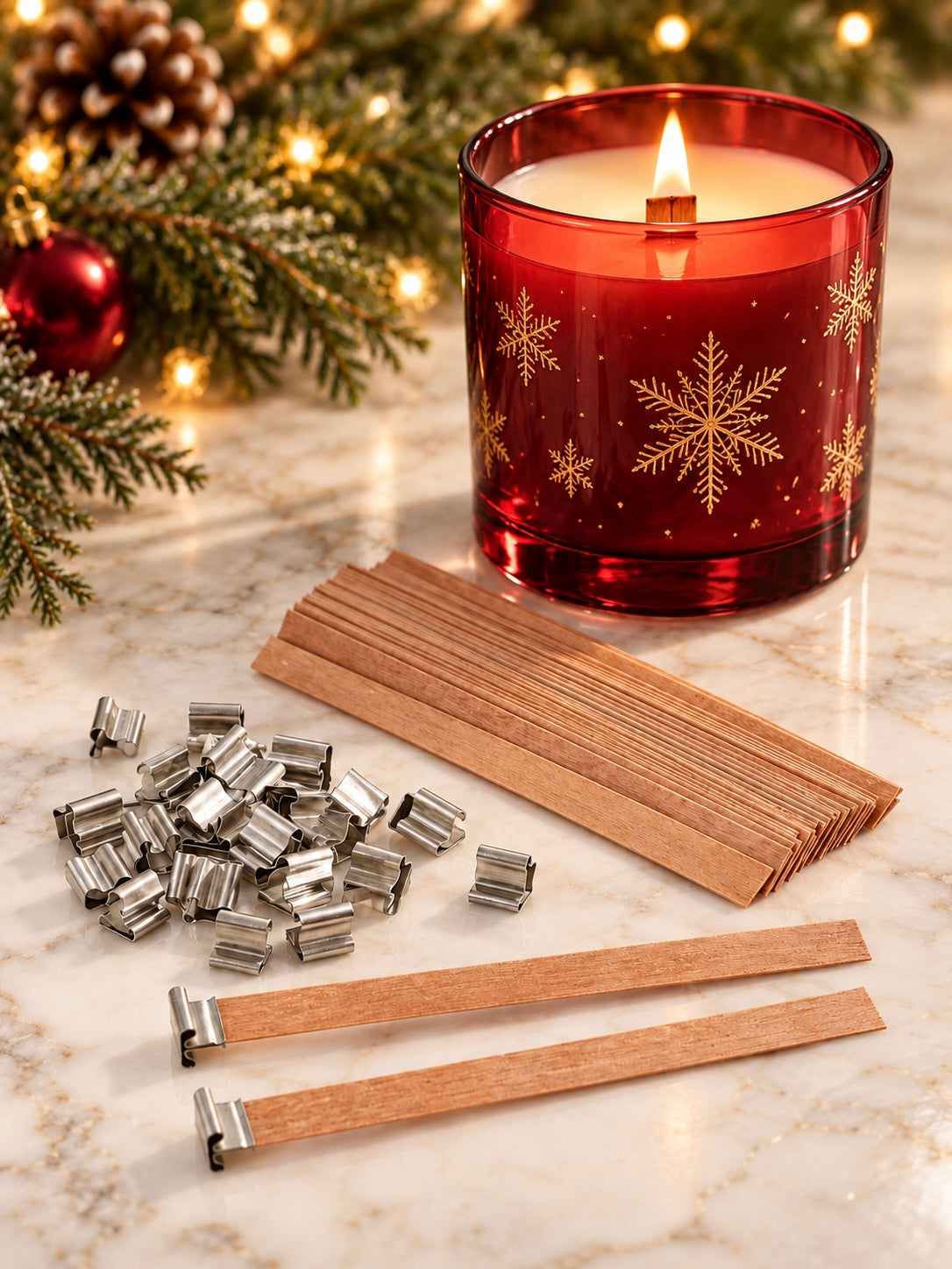 Wooden wicks with wick clips on a marble surface with a red snowflake candle and Christmas decor in the background.