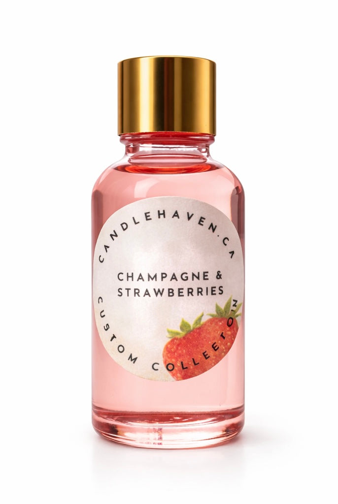 Bottle of 'Champagne & Strawberries' candle fragrance oil by Candlehaven candle supplier on a white background
