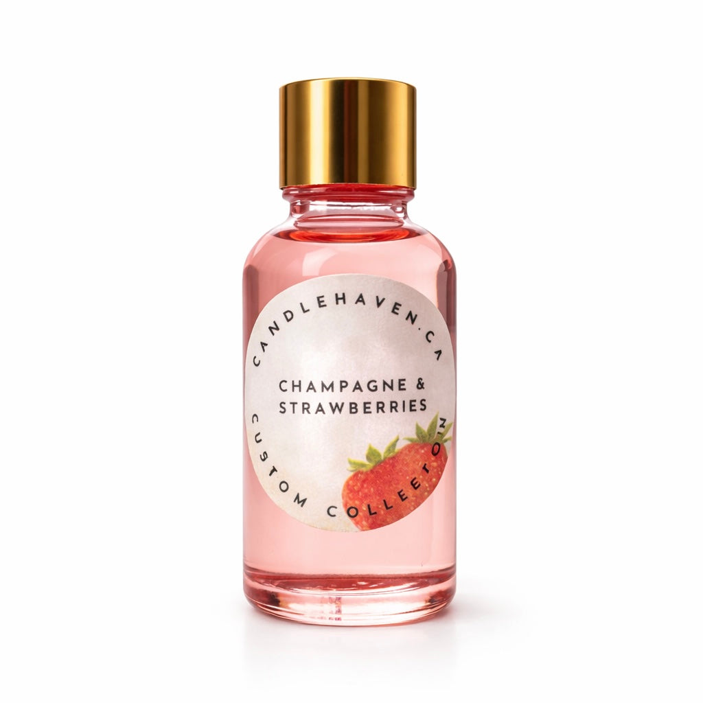 Bottle of 'Champagne & Strawberries' candle fragrance oil by Candlehaven candle supplier on a white background