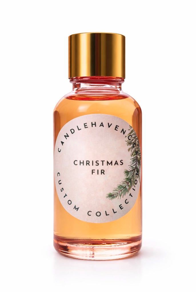 Bottle of Candlehaven Christmas Fir fragrance oil on a white background