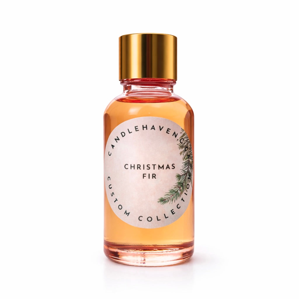 Bottle of Candlehaven Christmas Fir fragrance oil on a white background