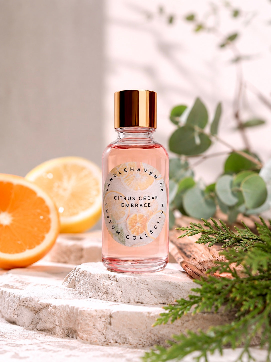 Citrus Cedar Embrace fragrance oil by Candlehaven displayed in a bright luxury hero shot with fresh orange slices, cedar greenery, and eucalyptus on a light stone surface with soft natural lighting.