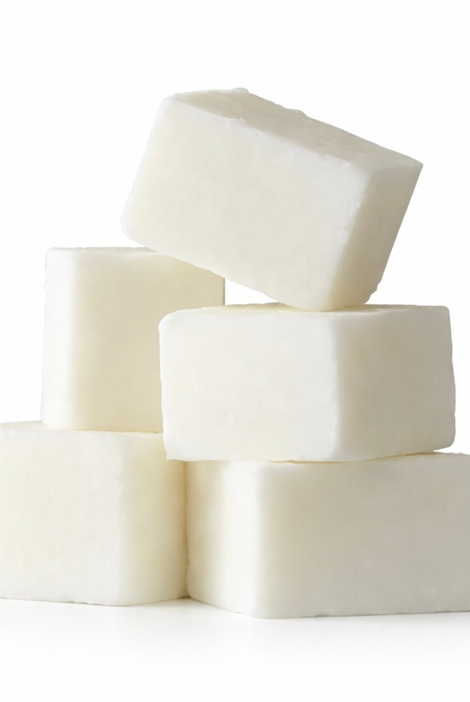 Stack of white coco apricot wax slabs from candlehaven on a white background