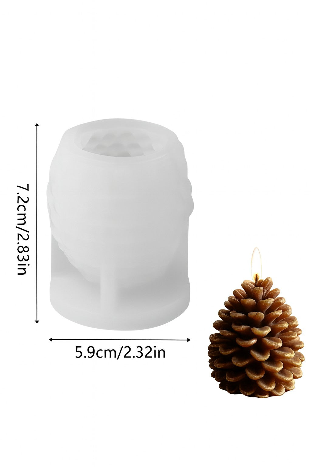 Silicone mold shaped like a pine cone with dimensions and a real pine cone for scale on a white background. This is how candles are made in Canada.