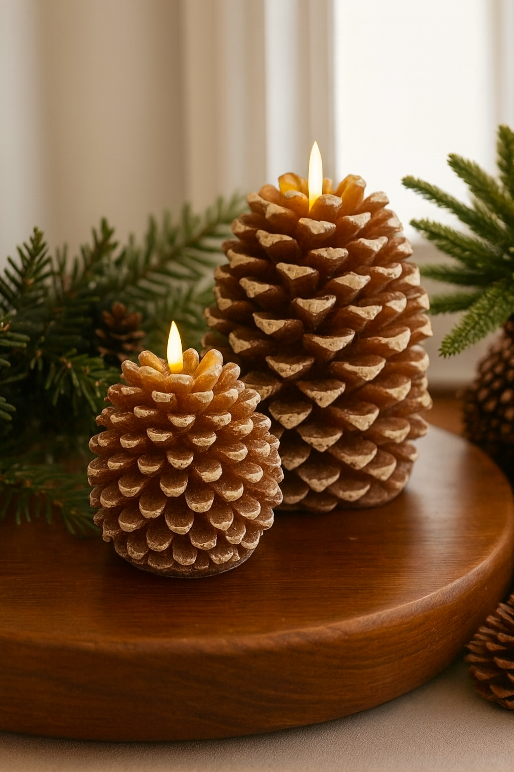 Two pine cone candles on a wooden surface with greenery in the background made with a pinecone silicone mold used in candle making in Canada