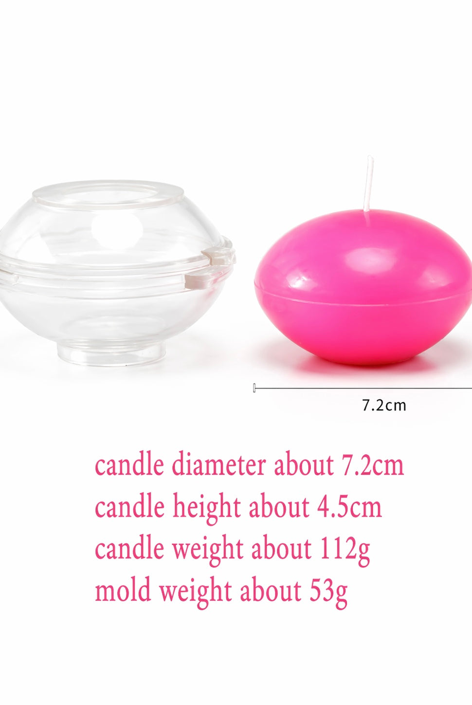 Pink floating candle and clear floating candle mold with dimensions and weight information on a white background