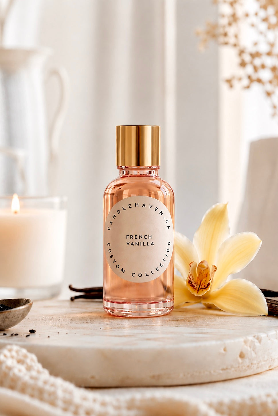 French Vanilla fragrance oil by Candlehaven in a soft neutral styled hero shot with vanilla orchid, vanilla beans, and warm candlelight for candle making supplies in Canada.