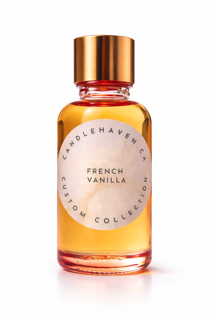 Bottle of 'French Vanilla' candle fragrance oil from candlehaven candle supplier with a gold lid on a white background