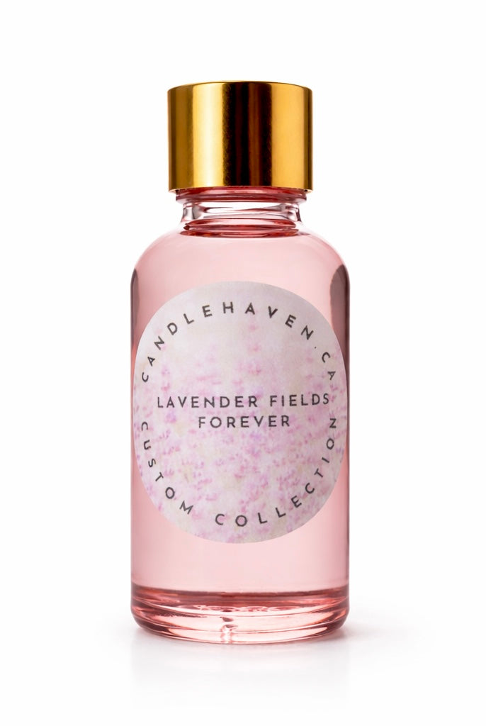 Pink bottle from candlehaven with gold cap labeled 'Lavender Fields Forever' on a white background