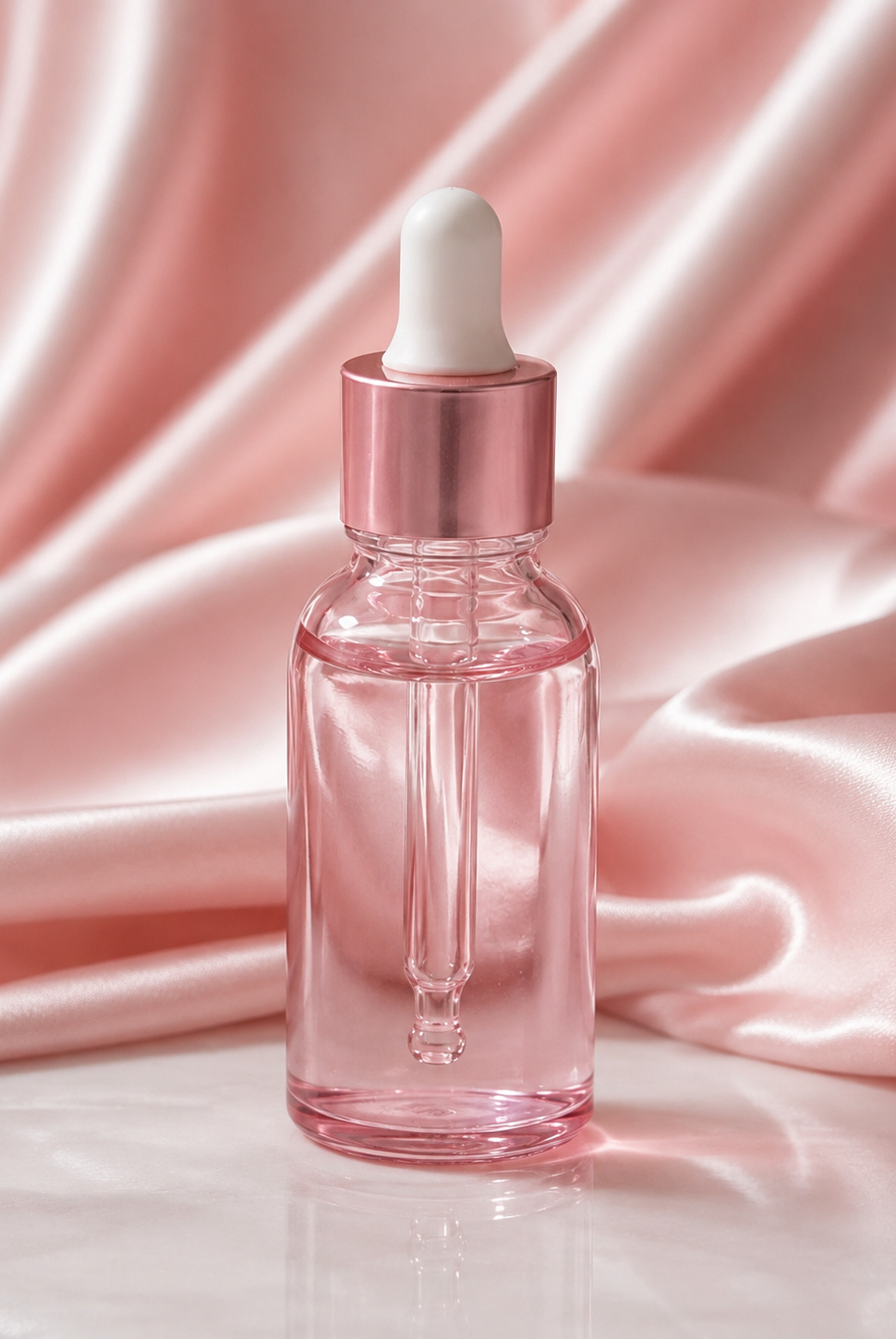 A clear glass dropper bottle filled with pink liquid, featuring a metallic rose gold collar and a white rubber dropper top, set against a draped pink satin fabric background.