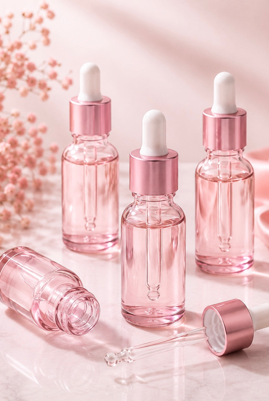 Three pink glass dropper bottles with metallic rose gold caps and white droppers, arranged on a light marble surface with soft pink floral decor in the background.