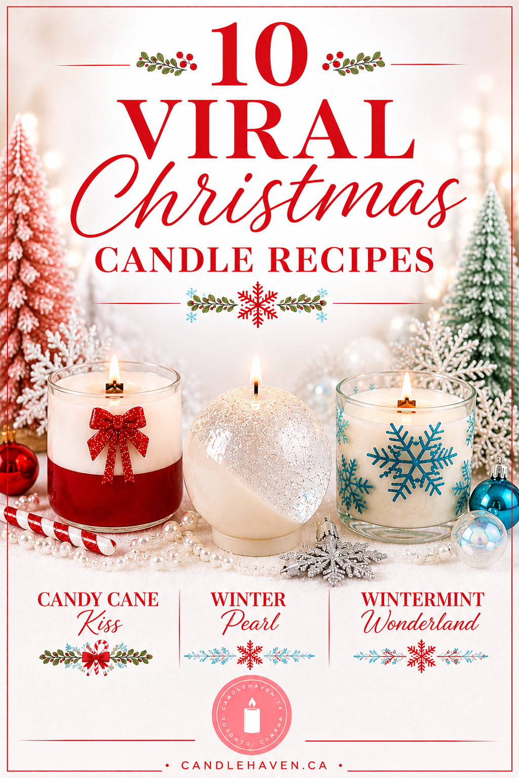 Cover of '10 Viral Christmas Candle Recipes' with decorated candles and festive text.
