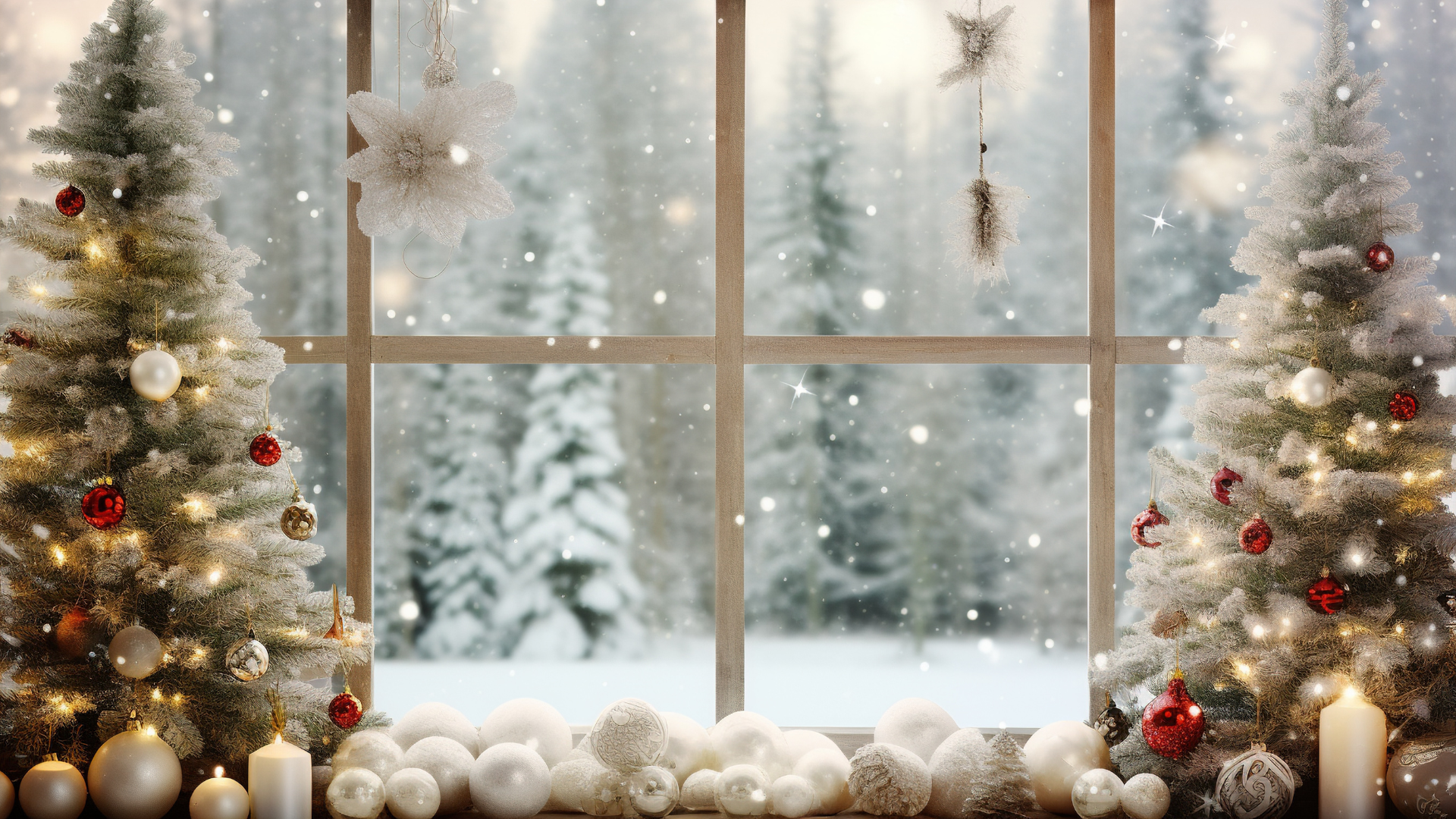 Christmas Candle Supplies | Decorated Christmas trees with ornaments and lights in front of a window with a snowy landscape.