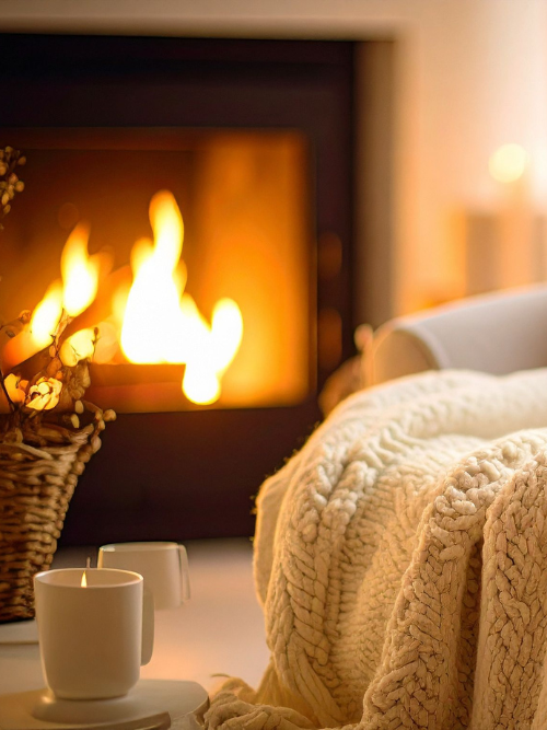 Cozy Snug life living room with a fireplace, candle, and blanket