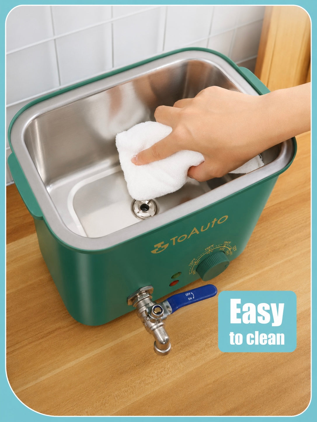 Hand cleaning a the inside of a 4 litre wax melter with a white cloth, labeled 'Easy to clean'.