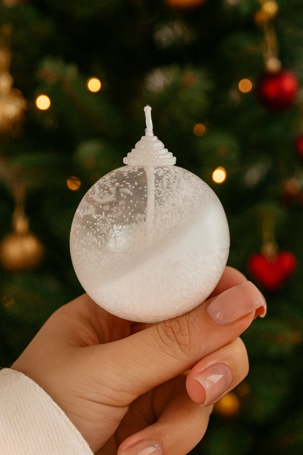 Hand holding a white candle Christmas ornament with a tree in the background made with Christmas Ball Silicone Mold. This product is sold by Candlehaven.ca for candle making in Canada.