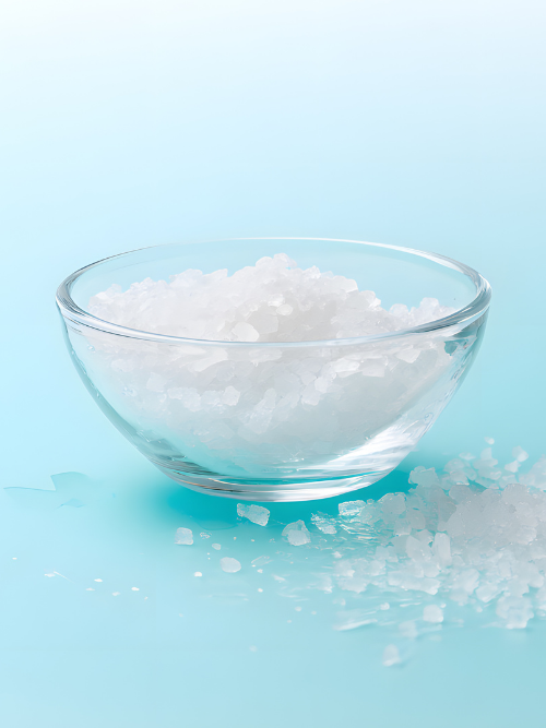 Clear glass bowl filled with epsom salts on a light blue background. These epsom salts will be used to make DIY bath soaks