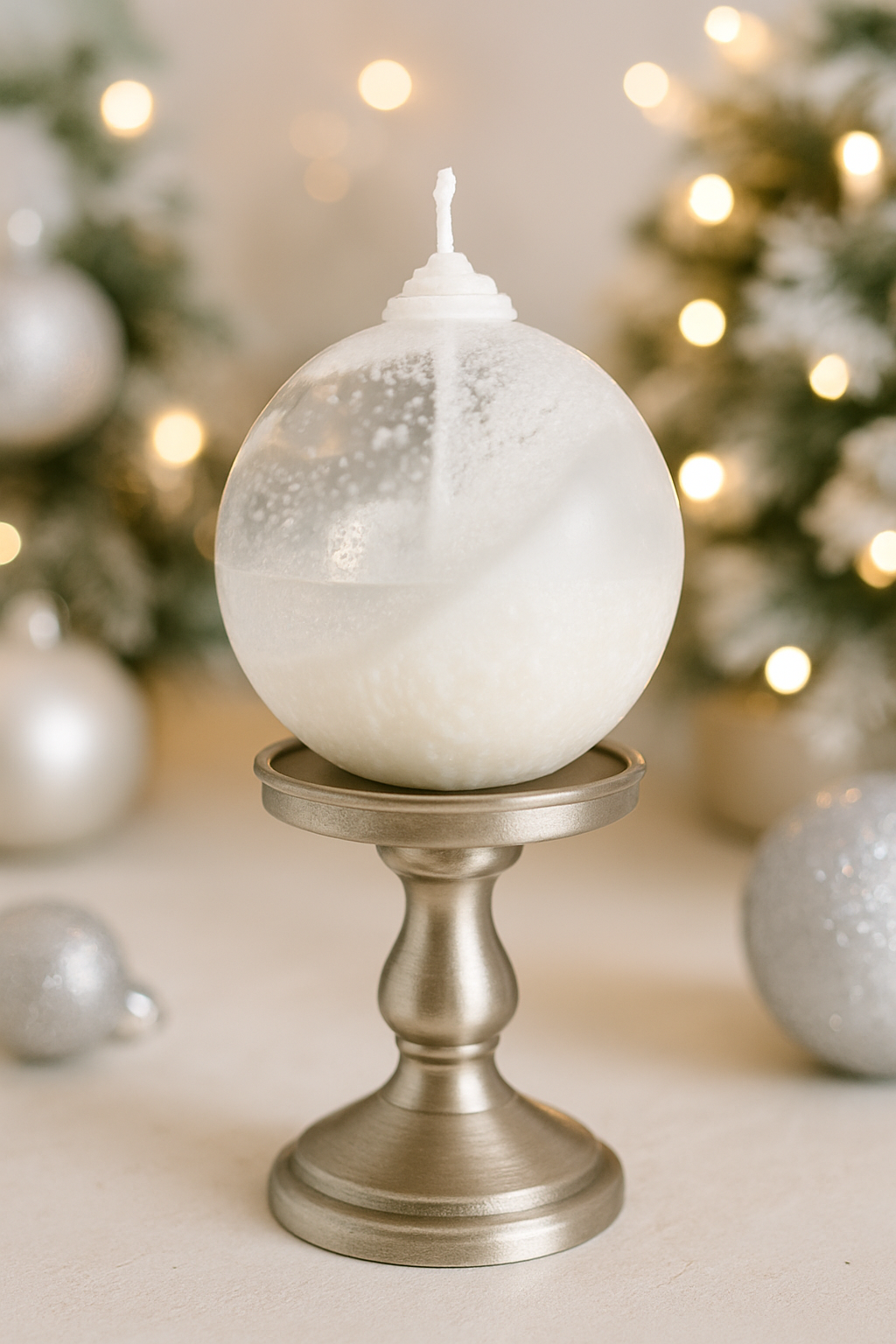 Decorative candle on a metallic stand with Christmas tree and ornaments in the background made with Christmas Ball Silicone Mold. This product is sold by Candlehaven.ca for candle making in Canada.