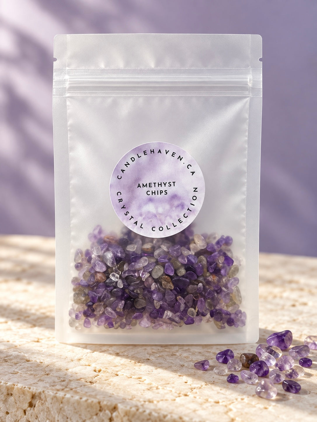 Amethyst chips in bag with a label from candlehaven.ca