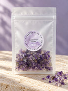 Amethyst chips in bag with a label from candlehaven.ca