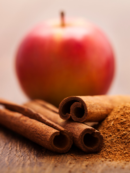 Cinnamon in the foreground with a blurry red apple in the background. The photo depicts fragrance oil Apple Cinnamon Delight. This is a popular fragrance oil Canada