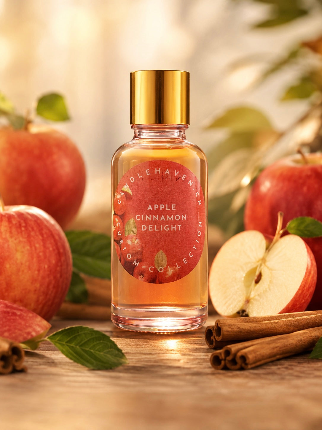 Bottle of 'Apple Cinnamon Delight' fragrance oil by candlehaven with apples and cinnamon sticks on a wooden surface