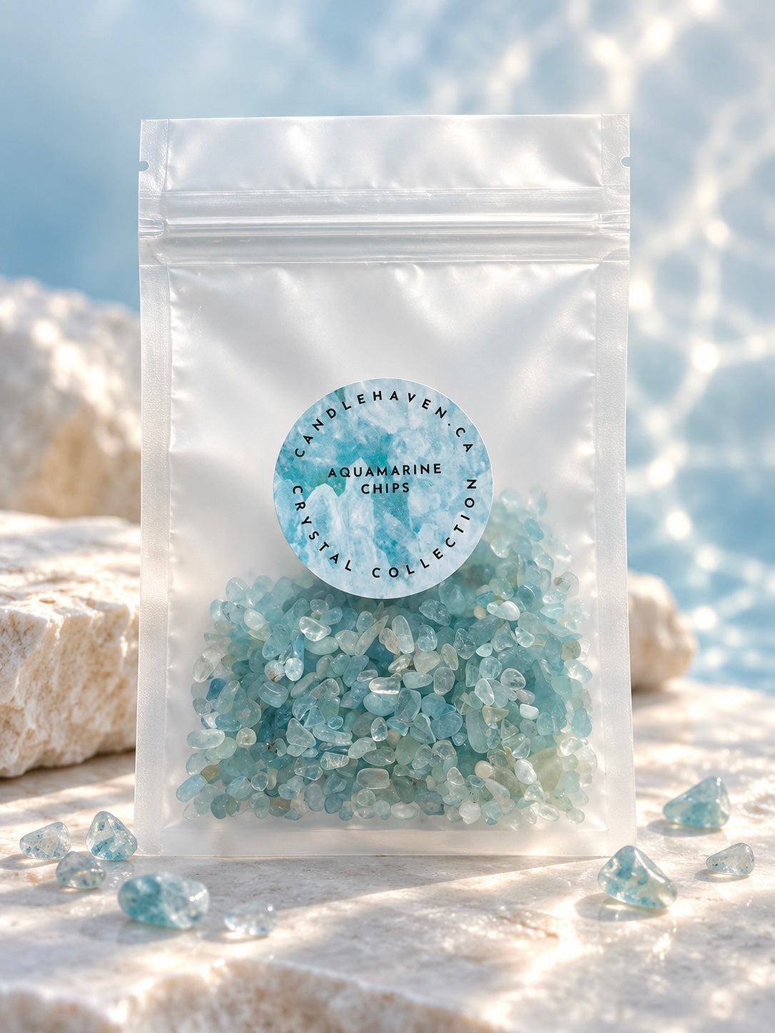 A clear stand-up pouch filled with light aquamarine blue crystal chips, with a round blue label reading 'Candlehaven Crystal Collection Aquamarine Chips.' The pouch is photographed on a bright, sunlit stone surface with blurred white rocks and a soft blue background.