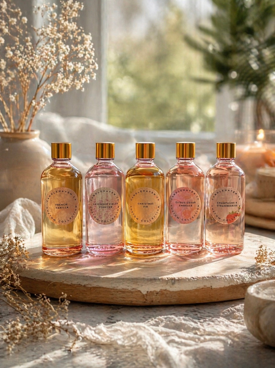 Set of five fragrance oil bottles from candlehaven on a wooden tray with a blurred natural background