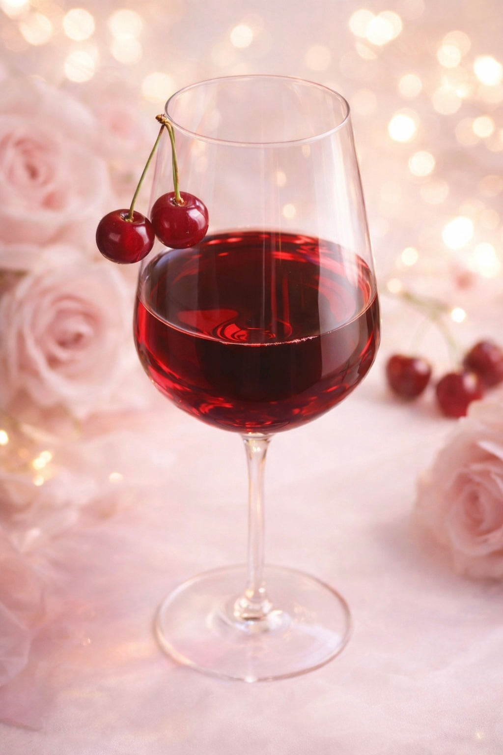 Glass of red Merlot with cherries on a decorative background to depict the candle making fragrance black cherry Merlot 
