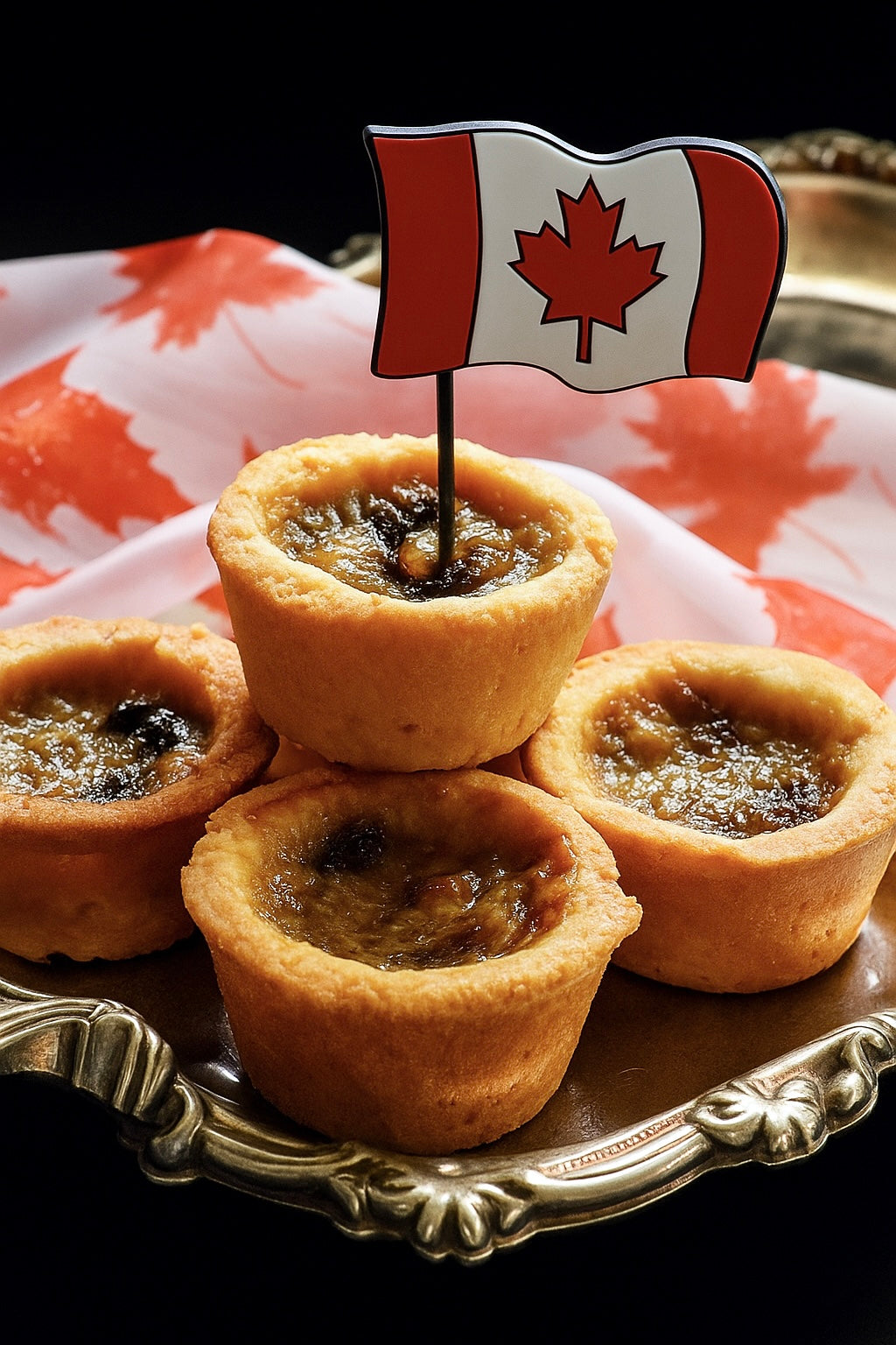 Butter Tarts fragrance Canada | Three butter tarts on a decorative plate with a Canadian flag toothpick.