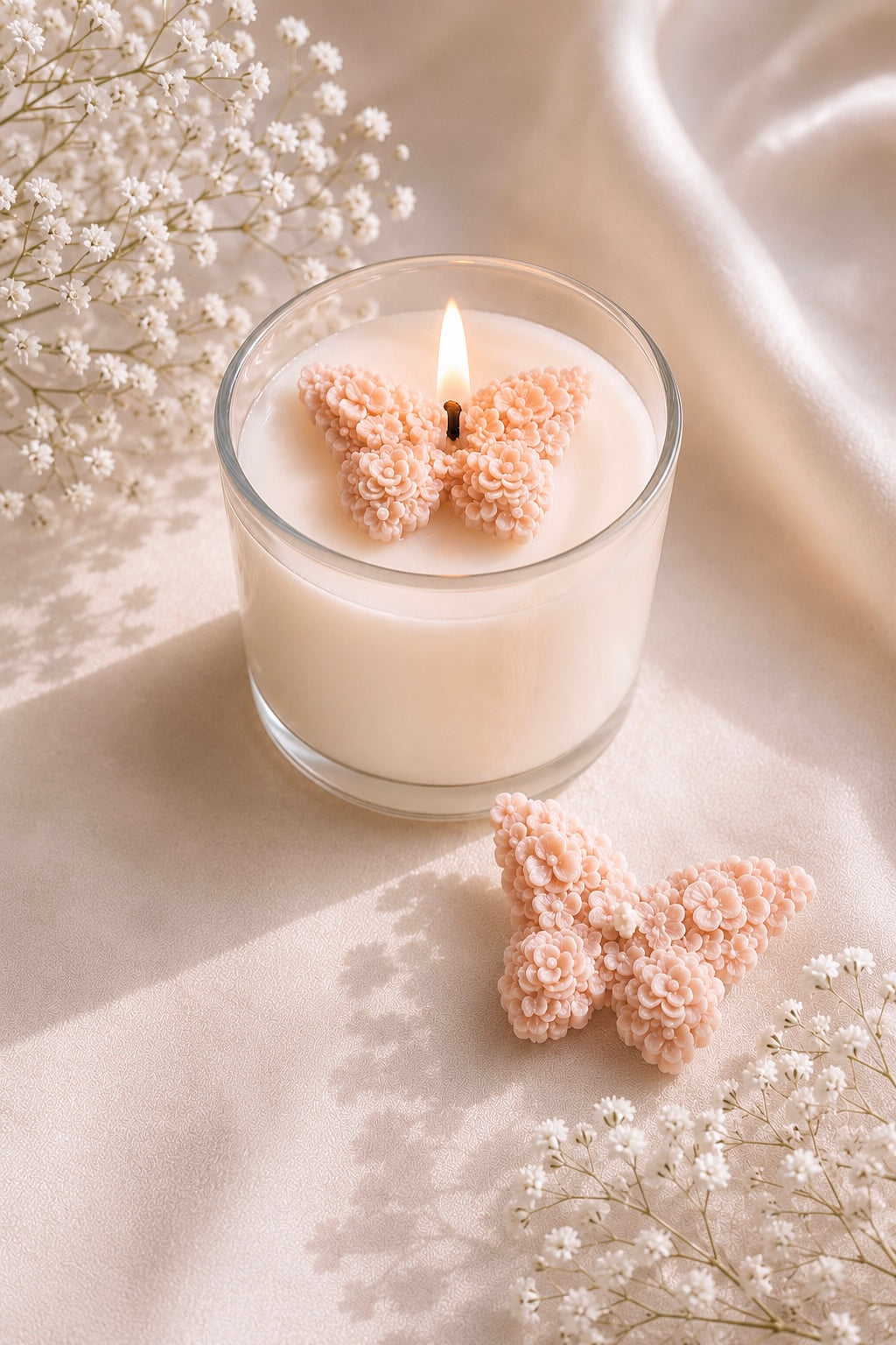 Candle with a butterfly-shaped wick surrounded by small white flowers on a soft beige background