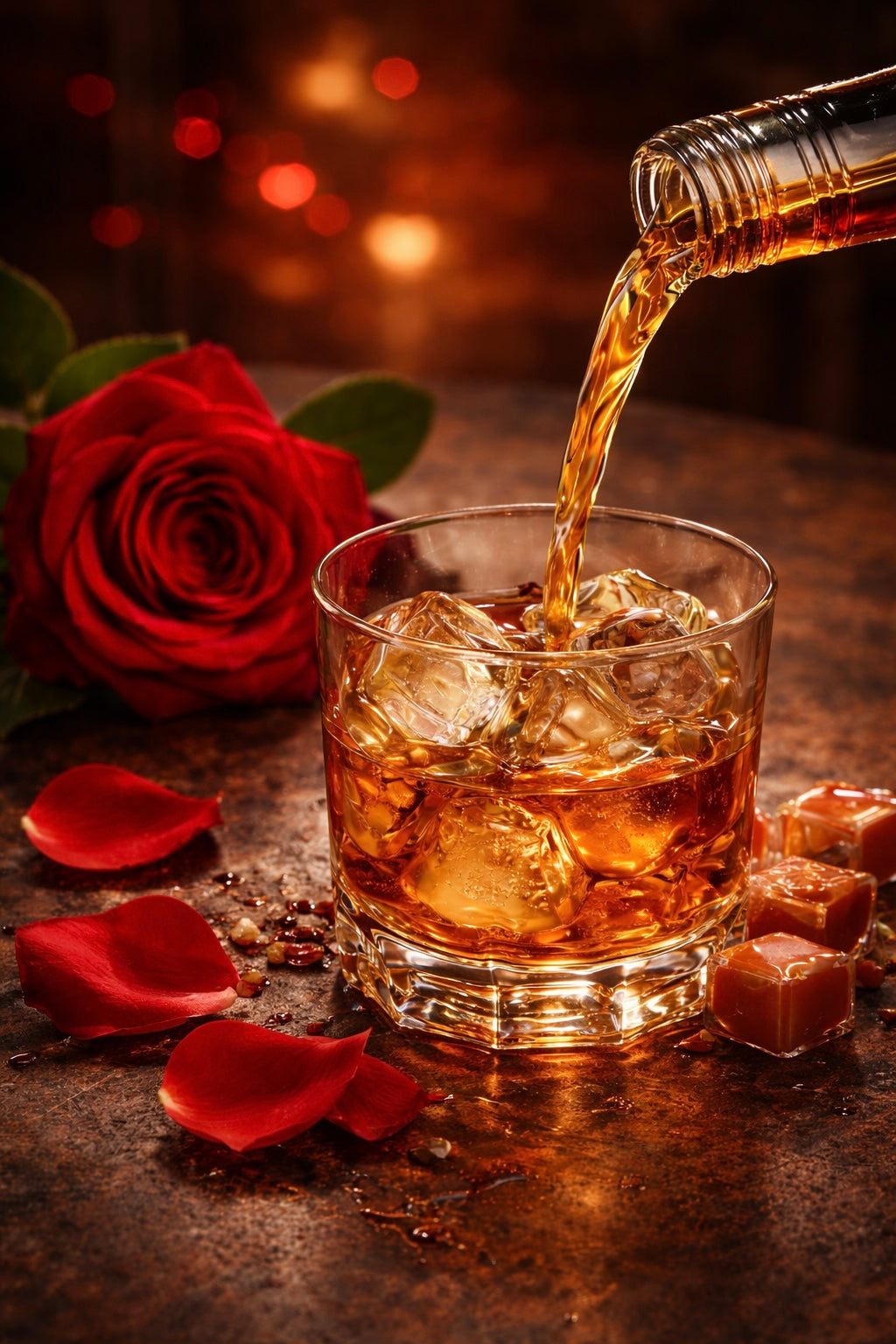 Picture depicting Kissed Caramel Bourbon fragrance | Whiskey being poured into a glass with ice, surrounded by red roses and caramel candies on a dark surface.
