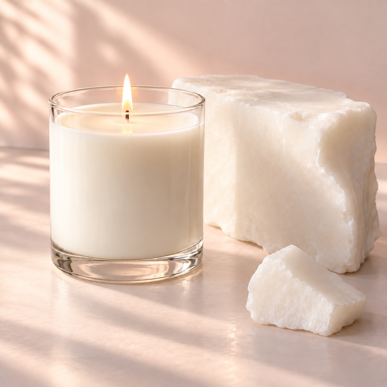 Lit candle with a smooth creamy finish beside thick slabs of Ceda Serica coconut apricot candle wax