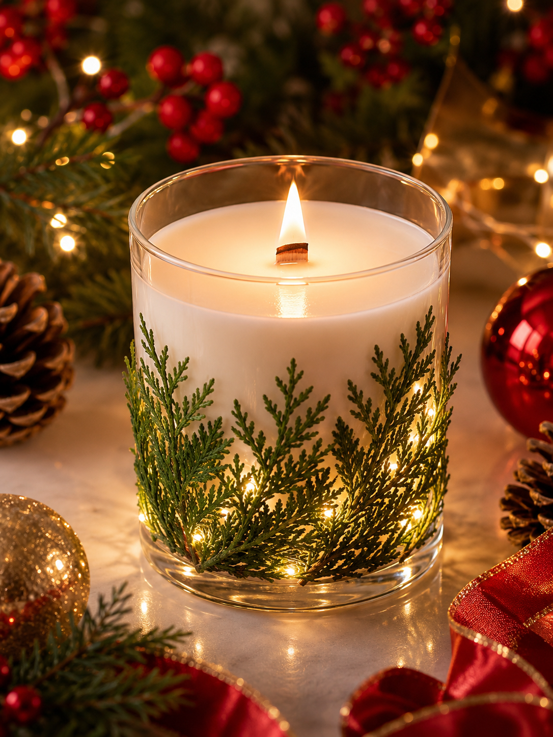 Candle with greenery surrounded by Christmas decorations on a reflective surface