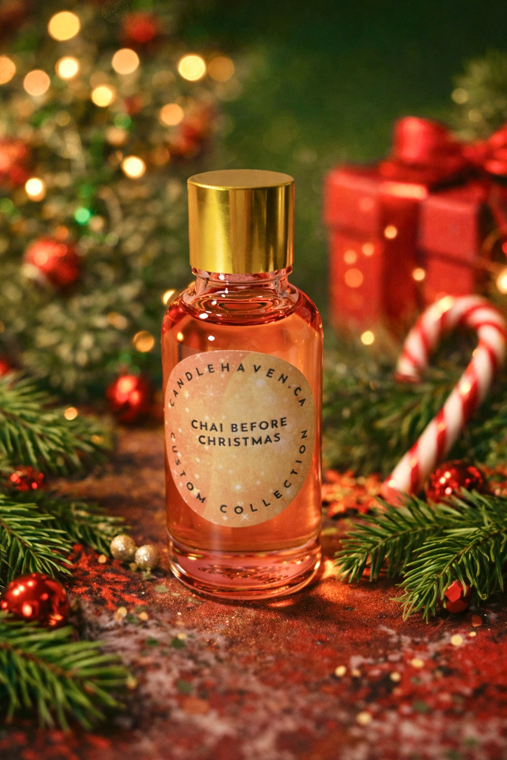 Fragrance oil bottle for candle making labeled 'Chai Before Christmas' with festive background