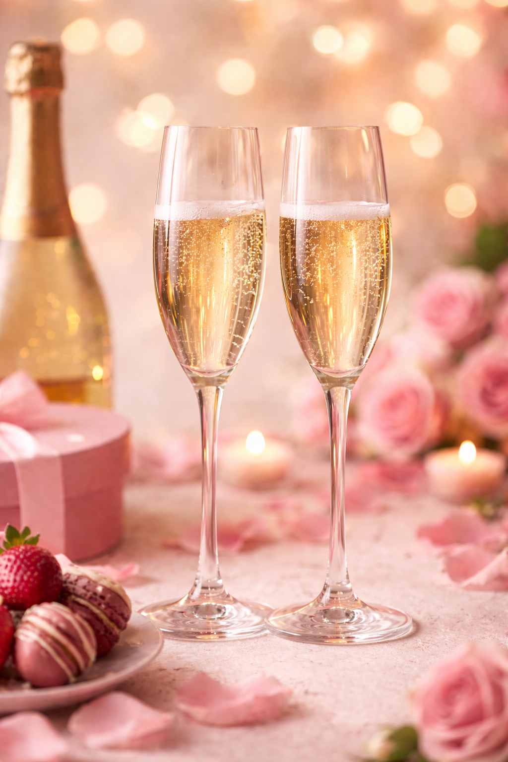 Champagne Toast Canada | Two glasses of champagne with a bottle, flowers, and chocolates on a festive background.