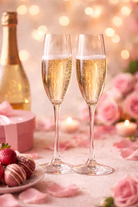 Champagne Toast Canada | Two glasses of champagne with a bottle, flowers, and chocolates on a festive background.